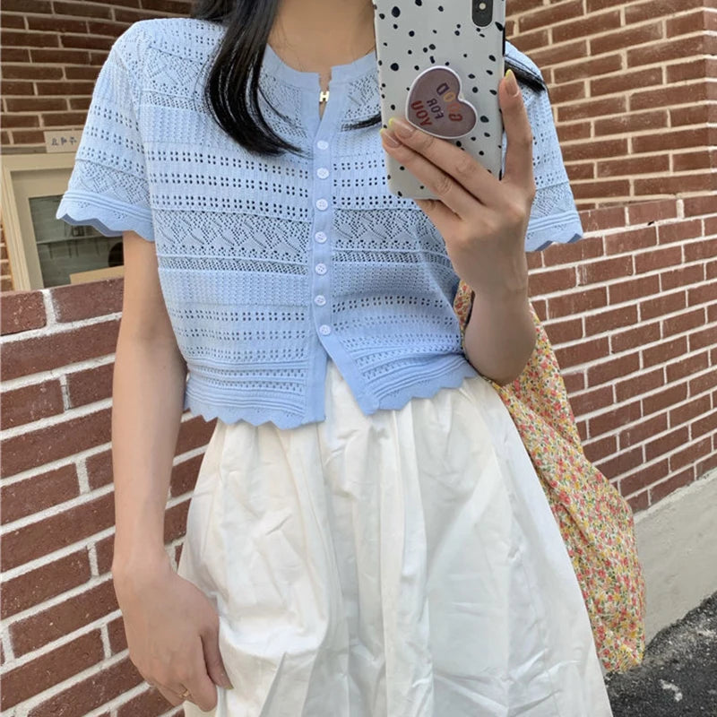 Chic Hollow Out Knitted T-Shirt Women 2026 Summer Button Up Short Sleeve Crop Tee Woman All Match Round Neck T Shirt Female