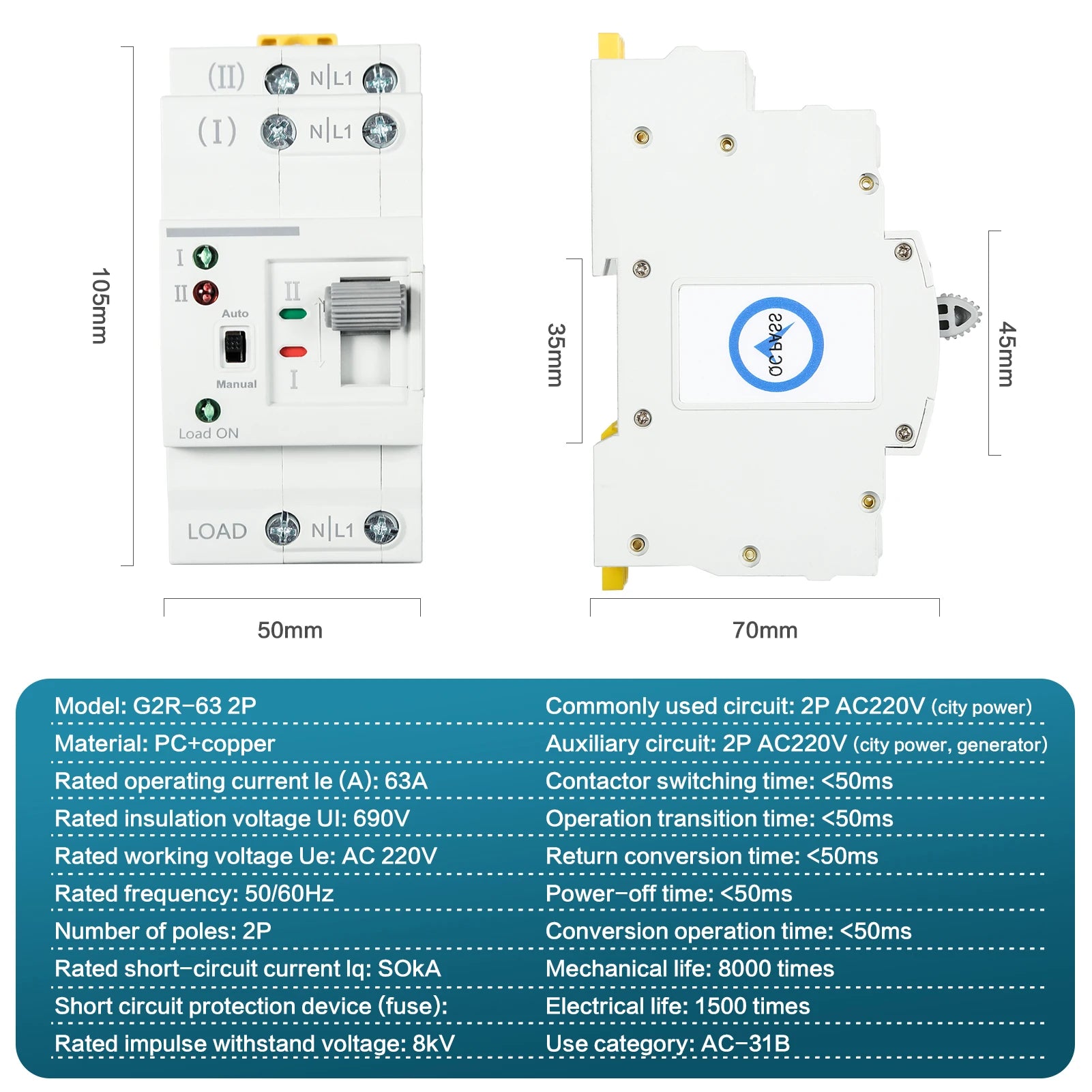 DEWIN G2R Din Rail 2P 63A ATS Dual Power Automatic Transfer Switch Electrical Selector Switches 220V Electrical Selector Switch