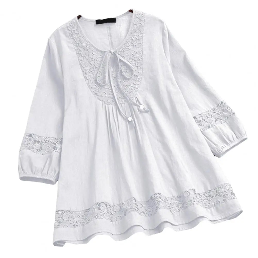 Round Neck Women T-shirt Lace Patchwork Crew Neck Lady Spring Shirt Chic Plus Size Casual Lady Spring Blouse for Dating