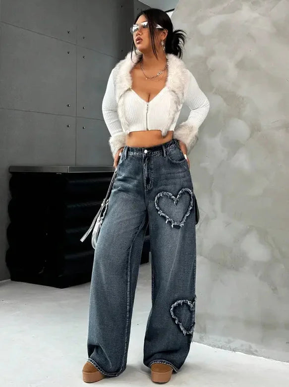 Women Retro Heart Raw Edge Spliced Jeans Heavy Washed Loose Straight Wide Leg Denim Pants Spring Autumn Casual Trousers