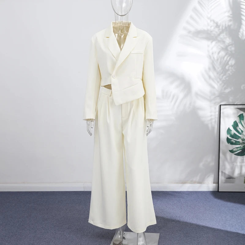 Pockets Loose Turn-down Collar Women Set Irregular Lapel Crop Suit Jacket Pleated Wide Leg Pants 2026 Spring Autumn Outfits