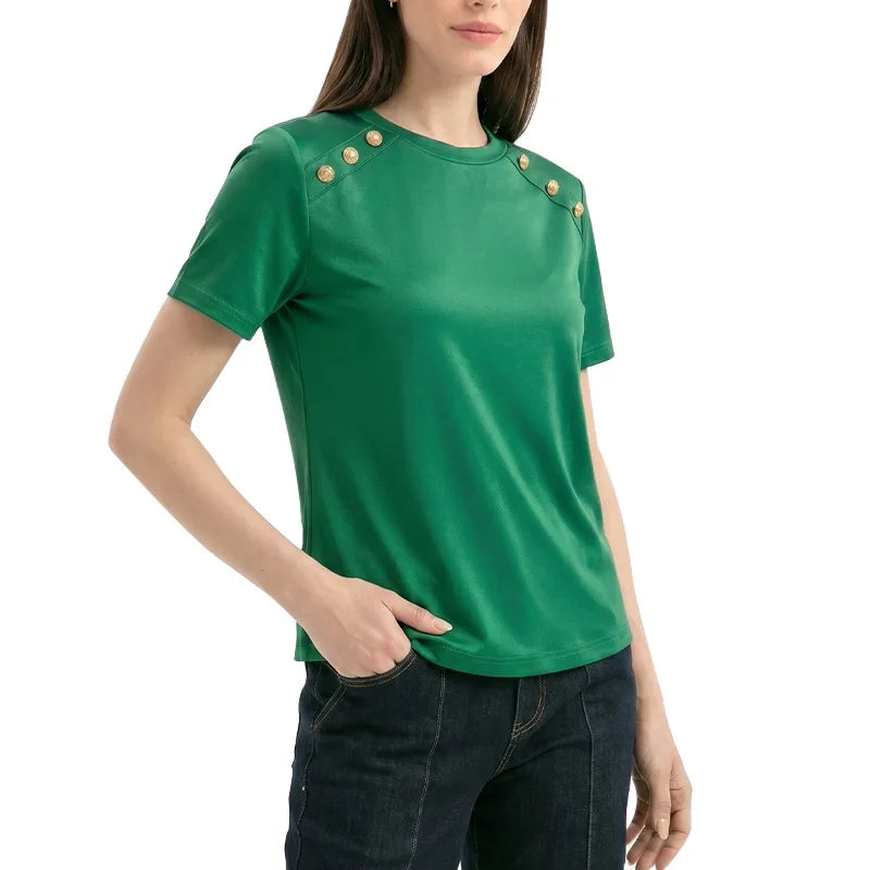 Fashionable Short Sleeve T-Shirt Women's Slim Fit Solid Color Summer 2026 Casual round Neck Polyester Blend Top
