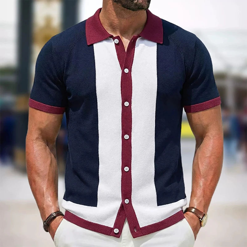 Summer Men Knitted Cardigan Polo Shirts Short Sleeve Striped Jacquarded Business Shirts American Retro Premium Quality Knitwear