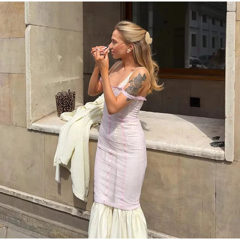 Sexy Sheer Mesh Overlay Midi Dress Women Sleeveless Waist Cinched Lace-trim Bodycon Sling Dress 2026 Lady Trendy Party Robe