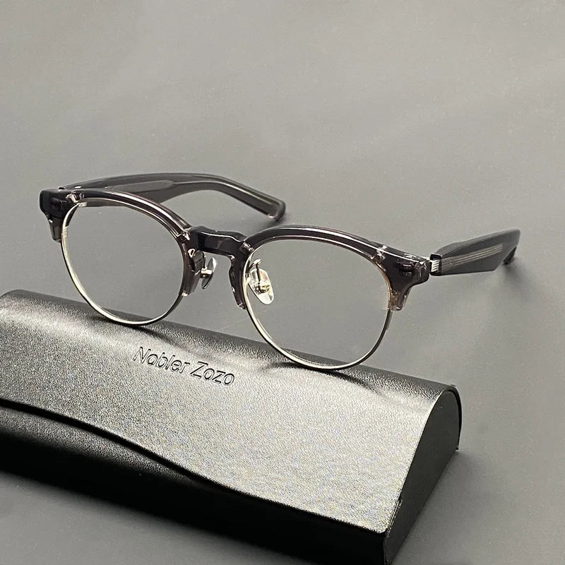 High quality acetate half frame glasses Men's round myopia prescription glasses spring legs pure titanium optical glasses frame