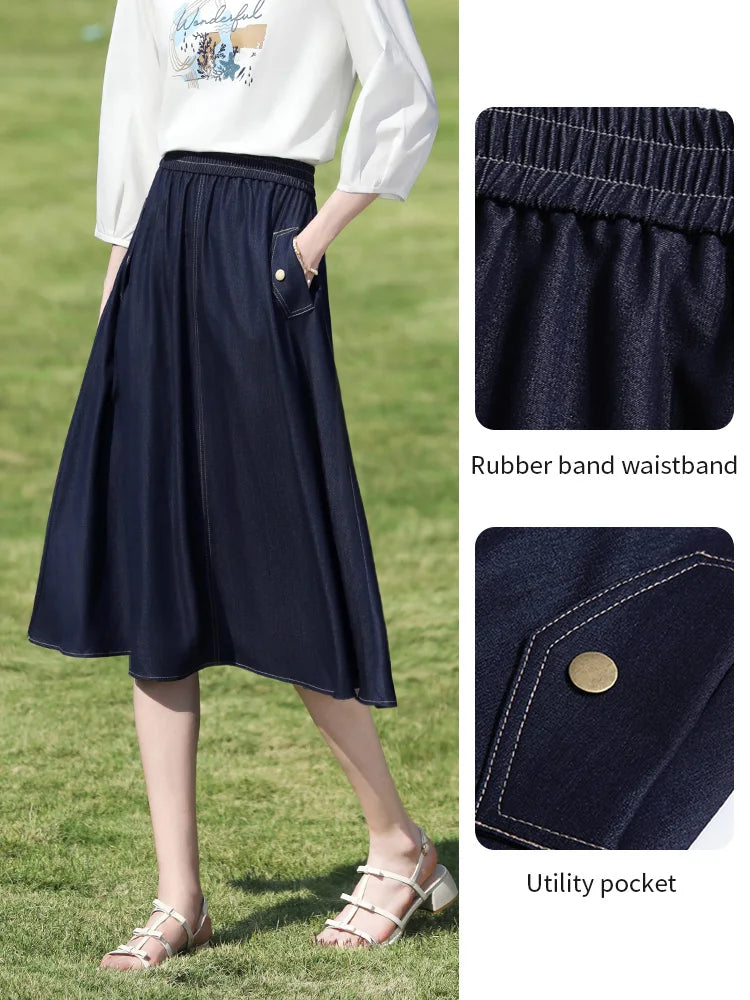I BELIEVE YOU Dark Blue Denim Midi Skirt for Women 2026 Spring Elastic Waist Skirts Casual A-Line Skirt with Pockets 2261026207