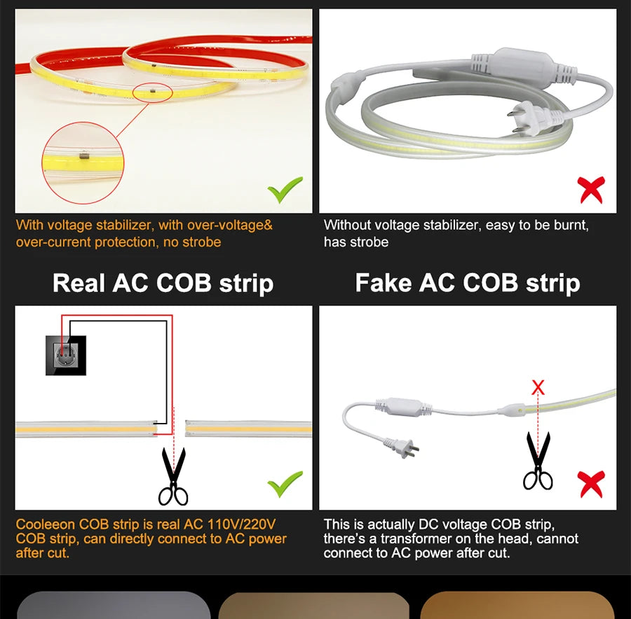 1-50M 220V COB LED Strip Light High Bright Flexible Ribbon Light Tape IP68 Waterproof Outdoor Garden LED Strip 3000K 4000K 6000K