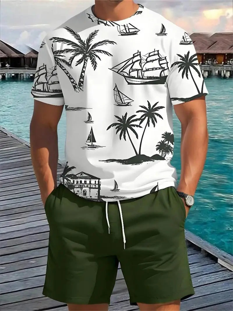 2025 Summer New Men's Short-sleeved Top Palm Tree Print T-shirt Fashion Vacation Beach Casual Pattern