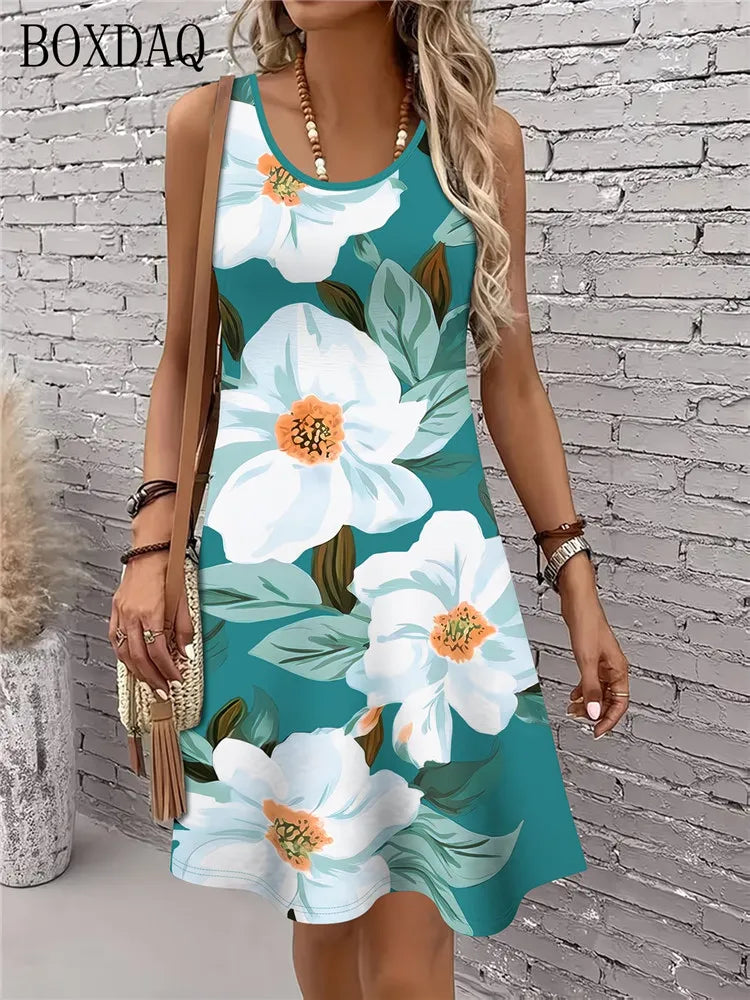 Women's Summer Dress Casual Sleeveless Round Neck Floral Print Loose Dress