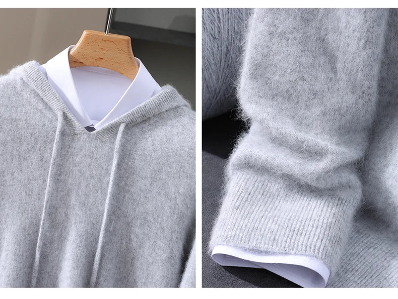 2025 Autumn Winter Hooded Collar Mink Cashmere Knitted Sweater Men's Drawstring Pullover High-End Thick Casual Sweater Loose Fit