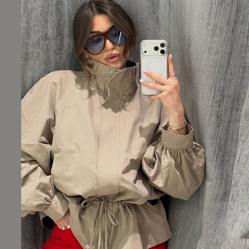Lapel Women's Outerwear Waist Cinching Belted Jacket Drop Shoulder Cropped Cargo Trench Coat Meilaid Style Daily Fashion Wear