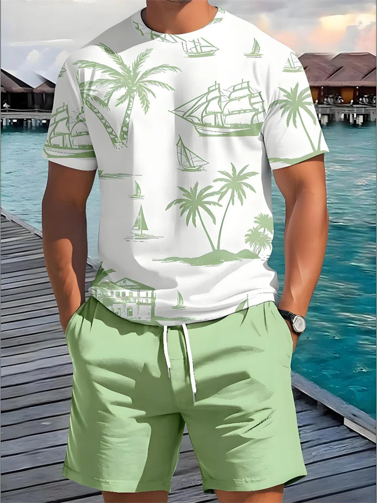 Summer New Men's Short-sleeved Hawaiian Print Two-piece Beach Vacation Breathable Short-sleeved With Drawstring Loose Shorts