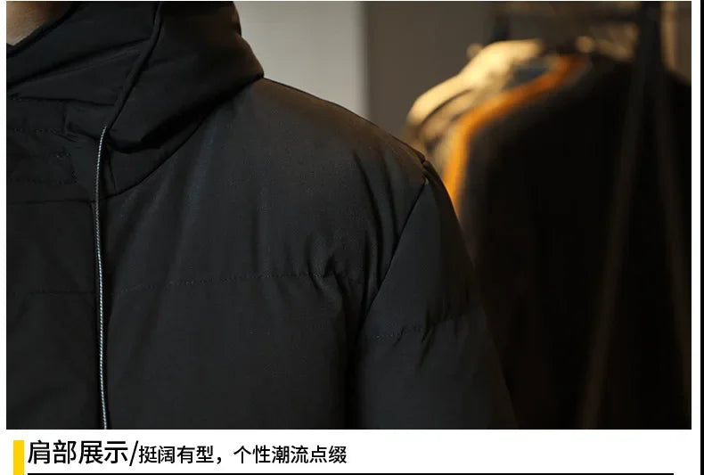 2023 Warm Hooded Mid-length Jacket Mens Casual Zip Up Cotton Padded Jacket Overcoat Autumn Winter Windbreaker Coats Men Clothing