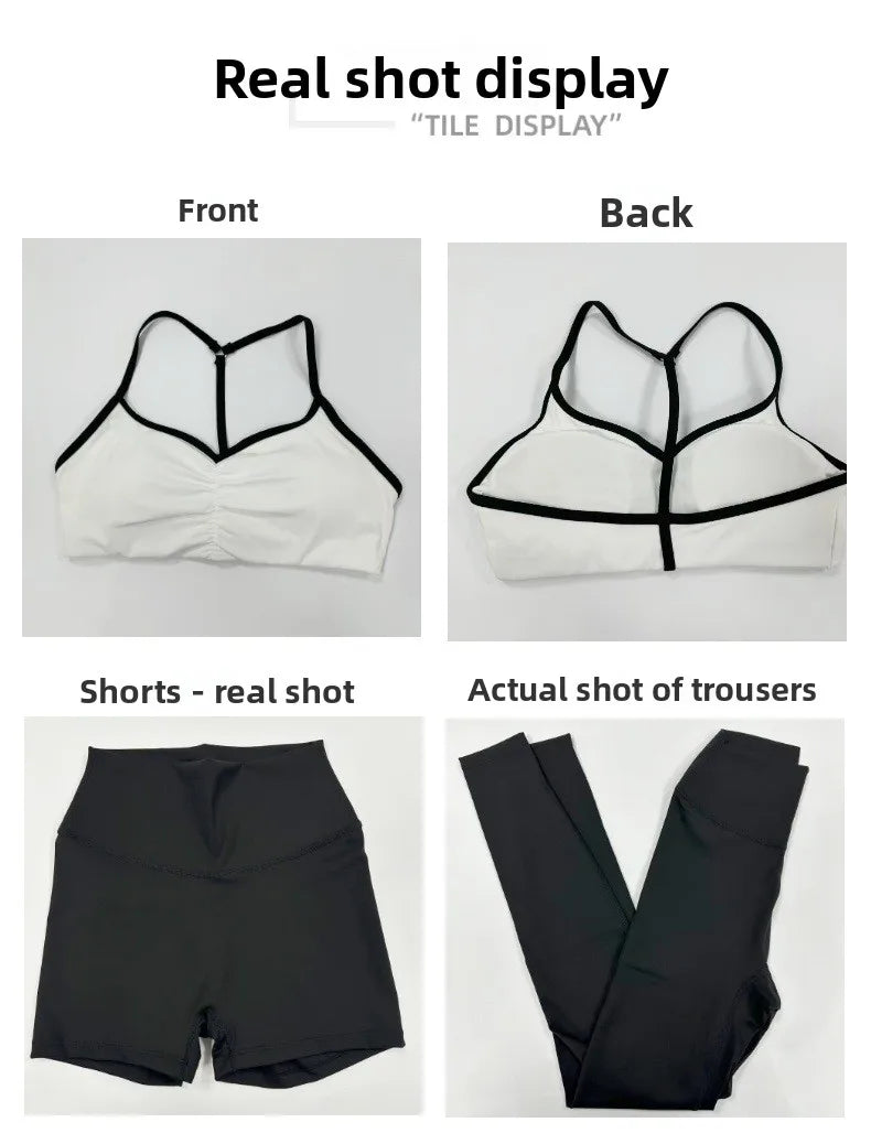 Women 2 Piece Yoga Set Ruched Front T Back Sports Bra High Waist Leggings Soft Stretchy Nude Fabric Gym Running Workout Outfit