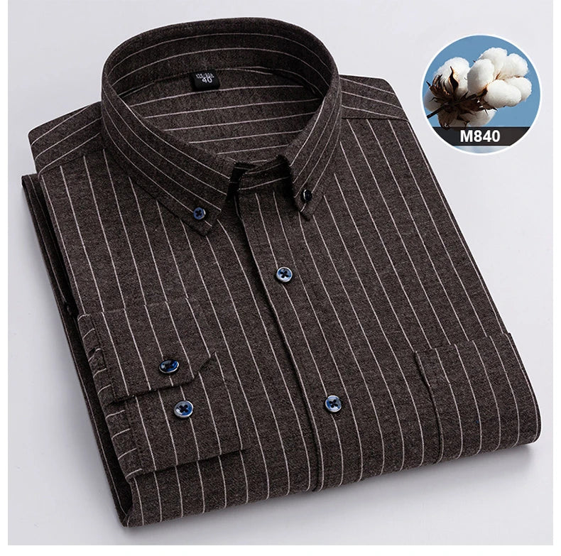 New in ShirtPlus Size 7XL 100% Cotton Sanding Long-Sleeve Shirts for Men Slim Fit Plain Shirt Striped Plaid Single Pocket Clothe