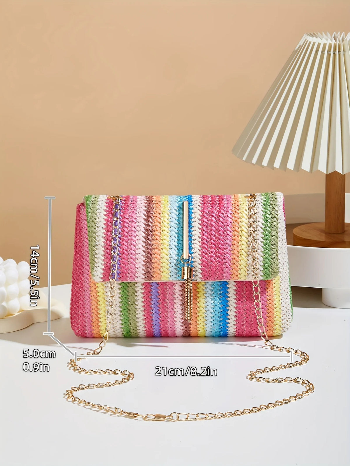 Chic Rainbow Stripe Straw Crossbody Bag for Women Adjustable Shoulder Strap Magnetic Closure Tassel Accent, Fashion Square Purse