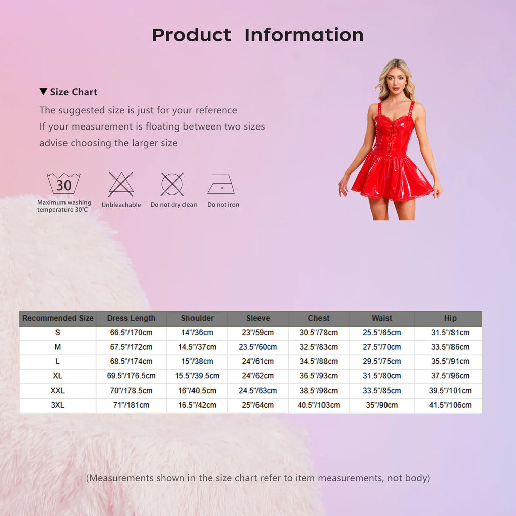 Women Glossy PU Floral Lace Trim Dress Wet Look Latex Slim Dresses Adjustable Shoulder Straps Bodycon Dress for Club Raves Party