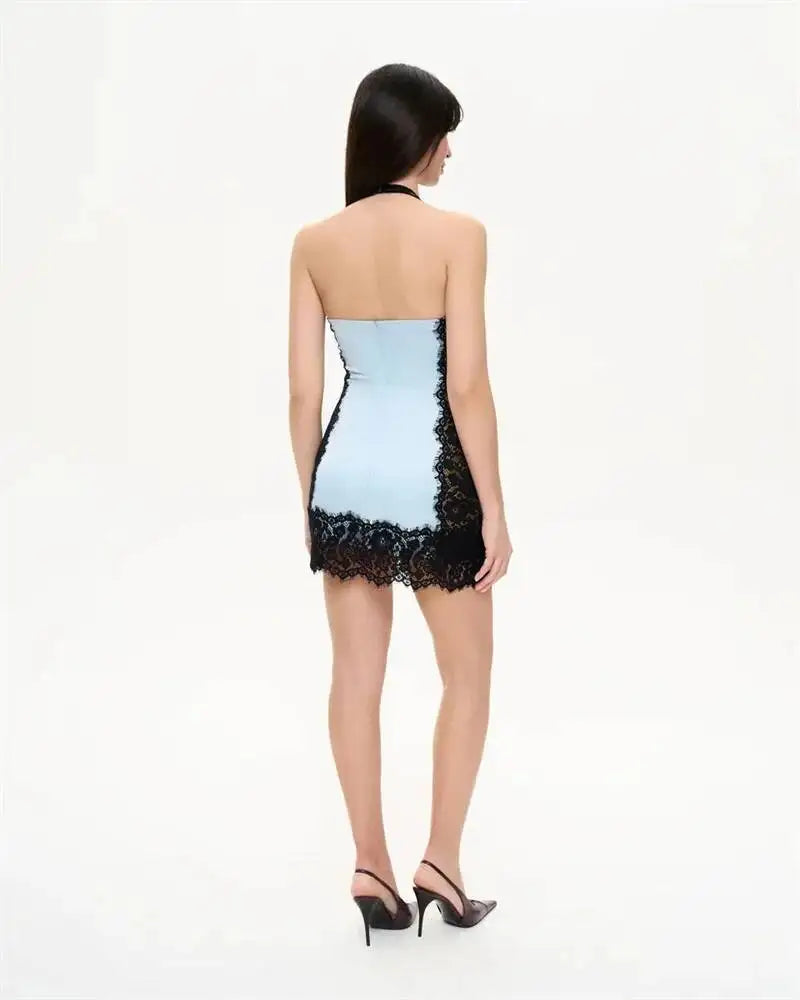 Blifanbo Sexy Lace Patchwork Halter Neck Mini Dress Women Elegant Deep V Neck Bodycon Backless Sleeveless Slim Club Party Dress