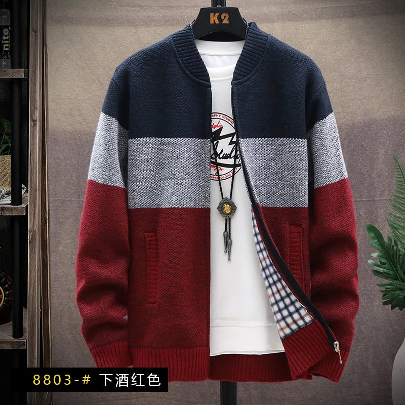 Men's Knitted Sweater Cardigan Thickened Fleece Hooded Casual Style Warm Outerwear Autumn Winter New Arrival Korean Version