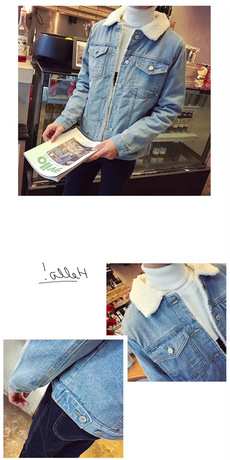 Thickened Fleece Winter Jacket for Men Youth Casual Style Long Sleeve Denim Coat with Stand Collar Button Closure Slim Fit