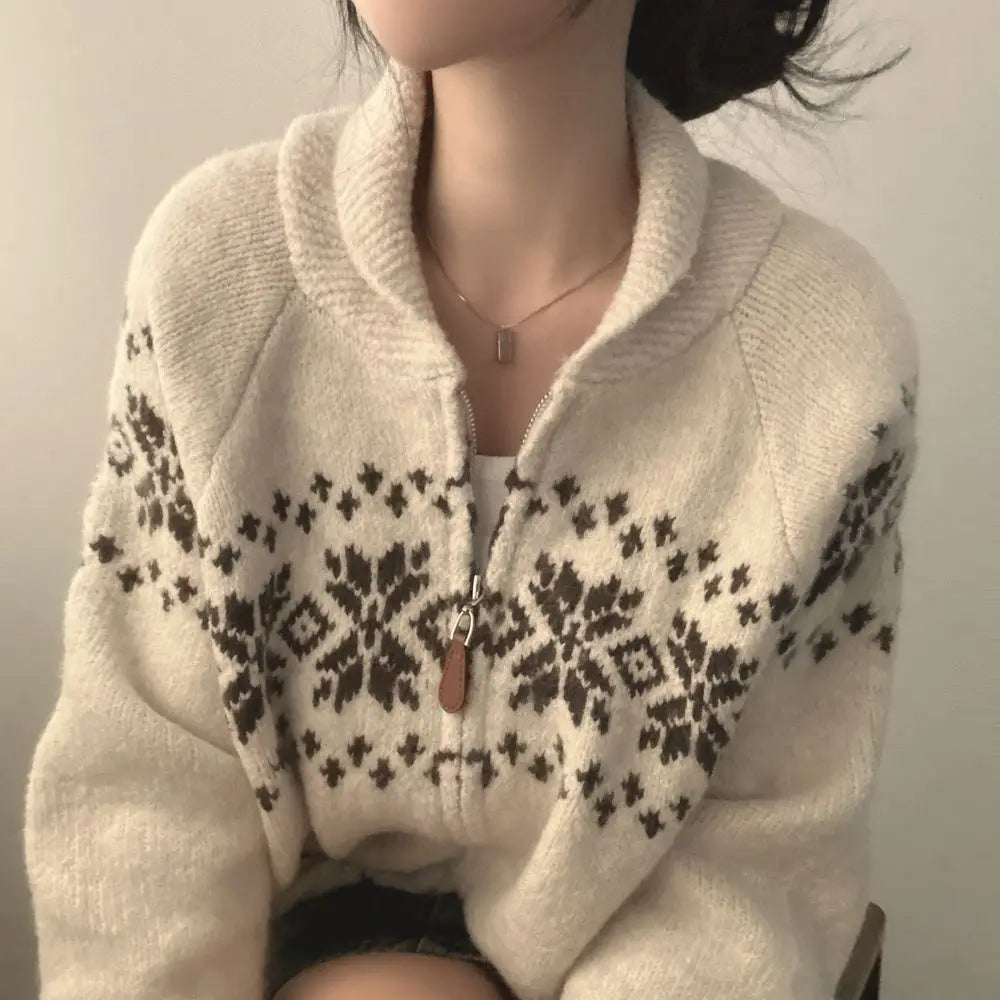 New Autumn Winter Women Fashion Elegant Knitwear Long Sleeve Sweater Fall Korean Style Casual Knitted Top Zipper Lapel Jacket