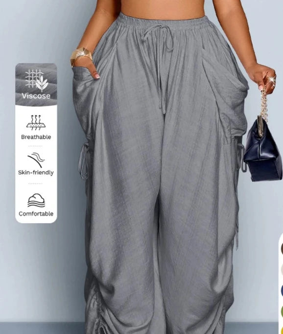 Loose Wide Leg Pants Drawstring Elastic Waist Pure Color Casual Trousers Women's High Waist Straight Cut Summer Fashion