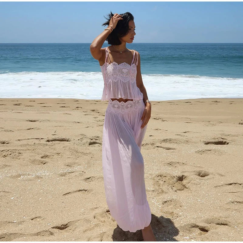 Women Elegant Lace Long Pant Set Square Neck Sheer Ruffle Hem Crop Cami Top High Waist Wide Leg Trousers 2026 Summer Chic Suit