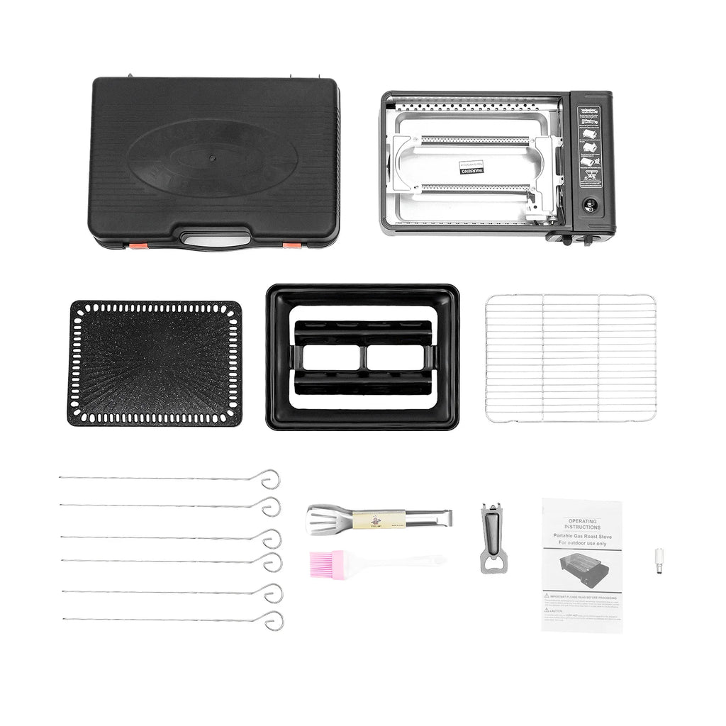 Portable Butane Gas Grill Stove Dual Inlets Adjustable Firepower with Carrying Case Grill Net for Camping Outdoor Use