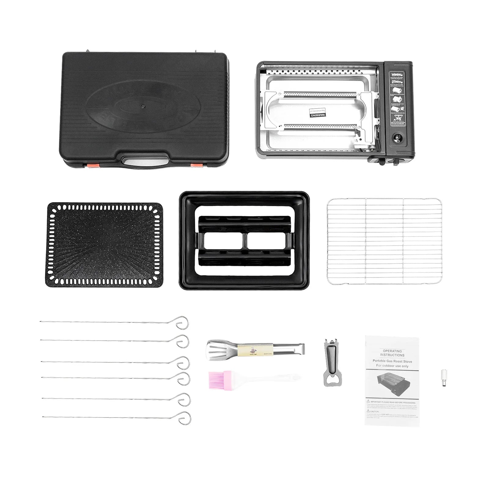 Portable Butane Gas Grill Stove Dual Inlets Adjustable Firepower with Carrying Case Grill Net for Camping Outdoor Use