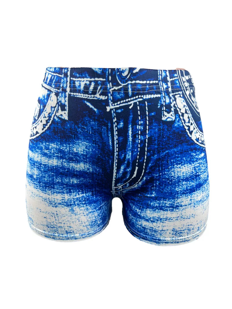 Women's Faux Denim Print High Stretch Slim Shorts, Versatile Yoga Shorts, Polyester Non-Denim Material