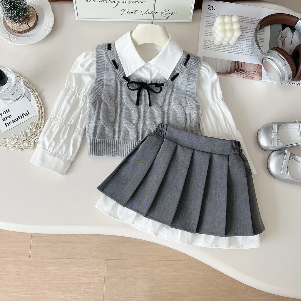 24 Girls Baby Spring Autumn Winter Clothing Set Elegant Girl Kids Puff Sleeves Shirts+knit Sweaters Vests+Skirts 3pcs Clothes
