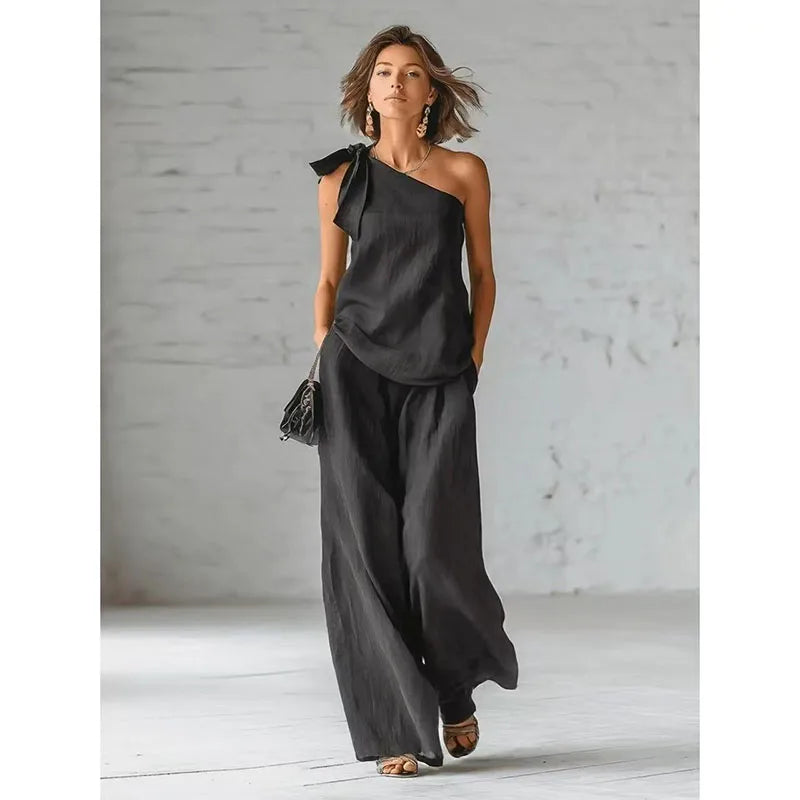 2026 Summer Sexy Off Shoulder Tank Tops Wide Leg Pants Two Piece Sets Casual Loose Solid High Waist Pants Sets Lace Tops Outfits