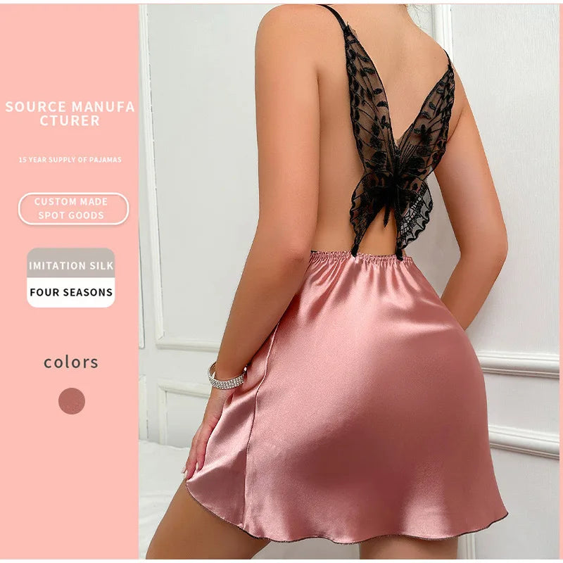 New Summer Solid Silk Stain V-neck Nightgown Women's Sleepwear Butterfly Cross Suspender Backless Mini Dress Thin Nightdress