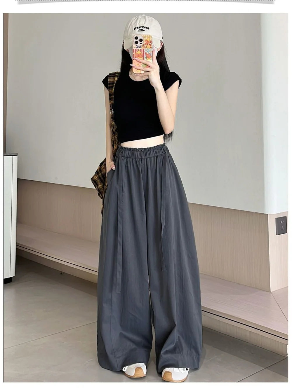 Summer Women Wide Leg Pants Elastic High Waisted Loose Casual Trousers Pockets Drawstring Gray Comfortable All-Match Streetwear
