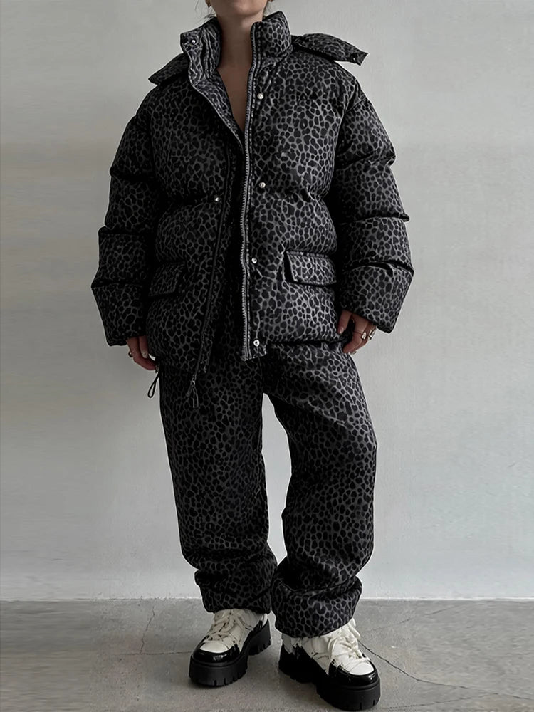 Leopard Print Women's Winter Down Jacket Pant Set Hooded Full Sleeve Zipper Jacket Elastic Waist Pants 2026 Warm Padded Coat Set