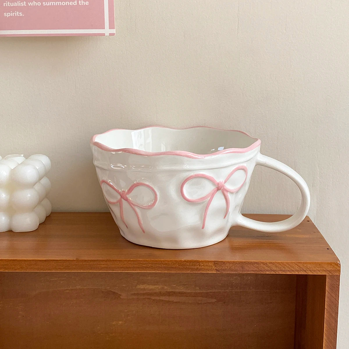 1Pc Ceramic Mug with Bowknot, Exquisite and Simple Design, Large Capacity Couple's Matching Mug, Suitable for Home Decoration, Home Drinking, Candlelight Dinner, Coffee Latte Art Cup, Holiday Gift, Exquisite Gift