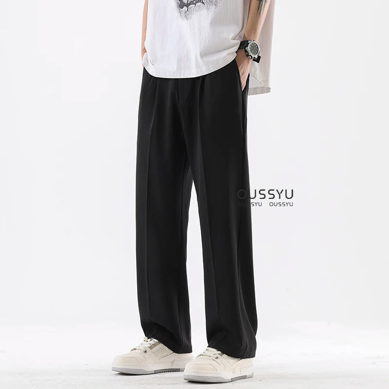Spring Summer Smooth Casual Pants Men Business Elastic Waist Black Grey Khaki Suit Trousers Male Work Office Plus Size S-5XL