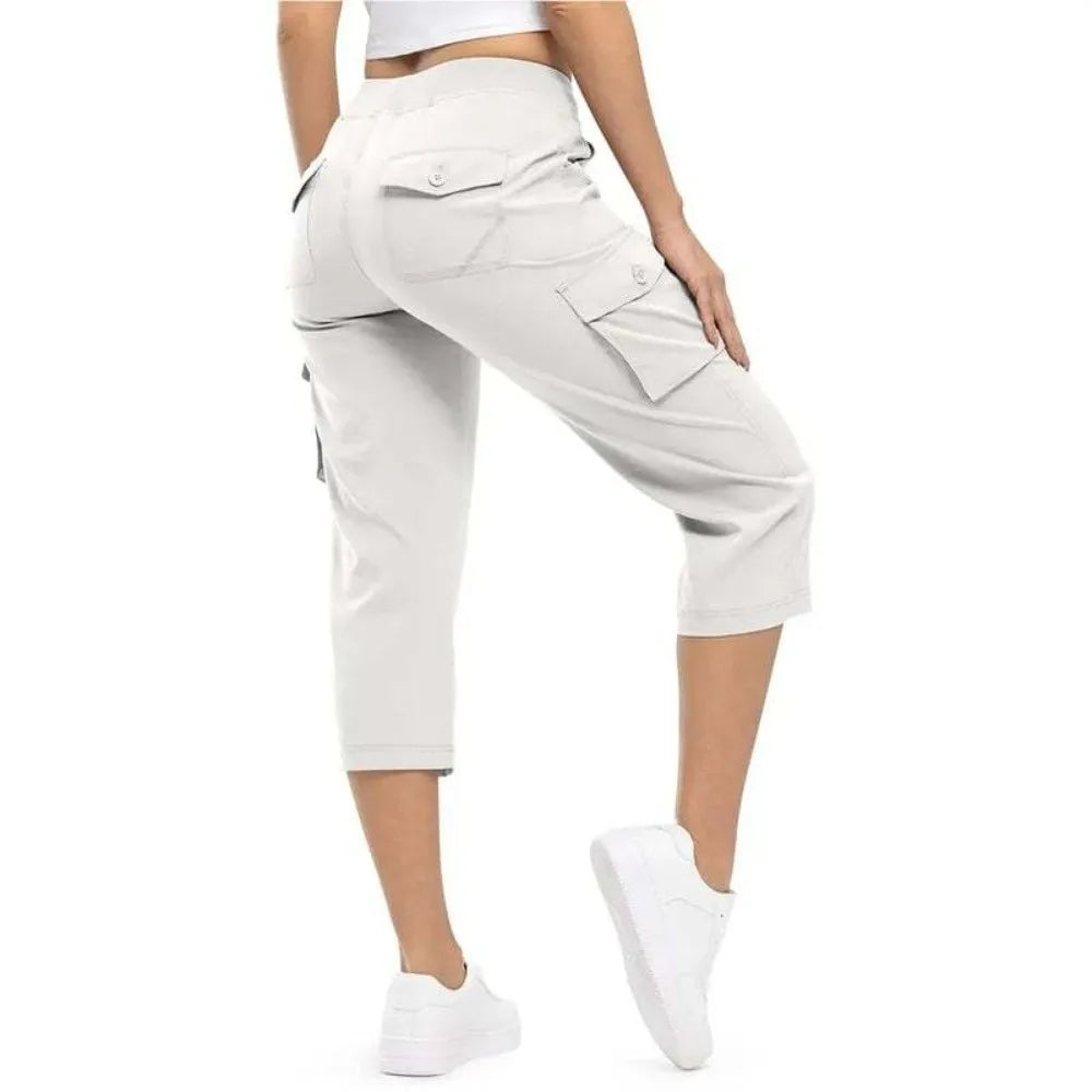 Quick Dry Fabric Women’s Hiking Pants Lightweight Feel Elastic Waistband Capri Pants Multiple Pockets Cropped Length Cargo Pants