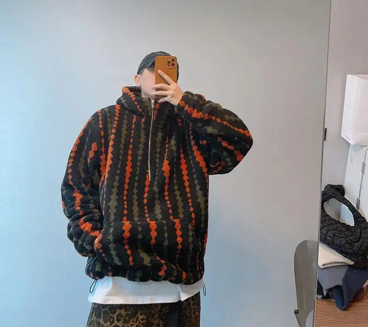 Retro Vertical Striped Autumn Winter Oversized Hooded Overcoat Men's Warm Velvet Loose Casual Half-zip Jackets Male Clothes