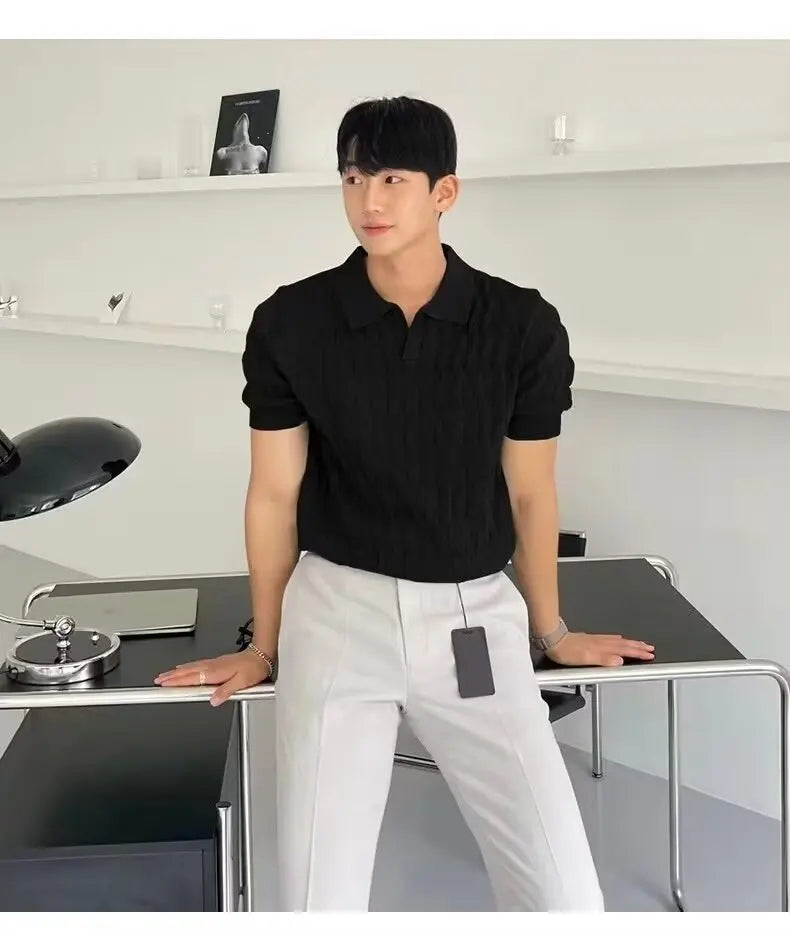 Trendy Polo Shirt for Men Summer Solid Color Top Versatile Knit Style Korean Short Sleeves Casual Fashion T-shirt