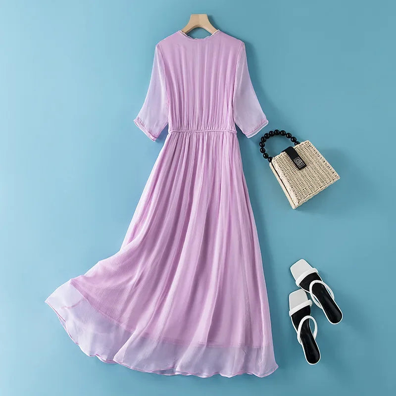 Summer 100% Mulberry Silk Dress Women 2024 V-neck Beach Holiday Dress Long Elegant Dresses For Women Clothing Vestidos De Mujer