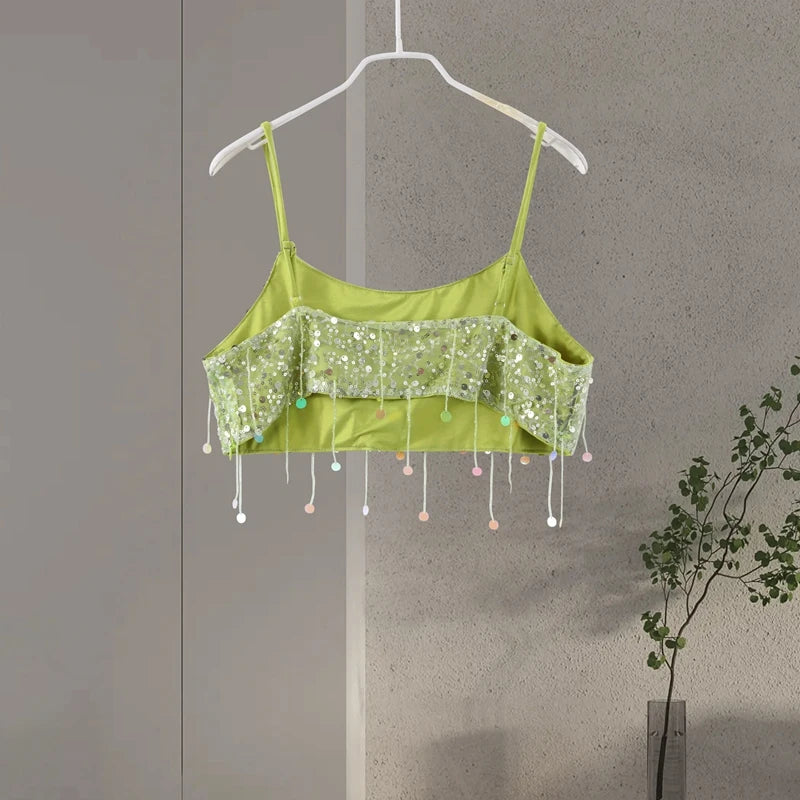 Sexy Tassel Sequins Vest Mini Skirt Women Crop Sling Vests Short Hip Package A-line Skirts 2026 Summer Lady Beach Party Outfits