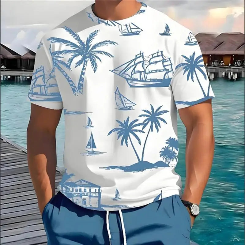 2025 Summer New Men's Short-sleeved Top Palm Tree Print T-shirt Fashion Vacation Beach Casual Pattern