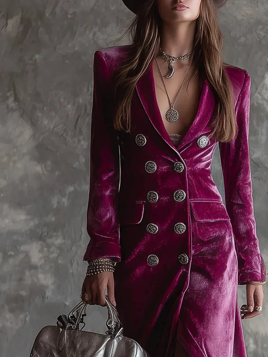 Velvet Double Breasted Dress for Women's Long Sleeve Lapel Collar Split Hem Elegant Vintage Casual Slim Fall Winter Midi Dress