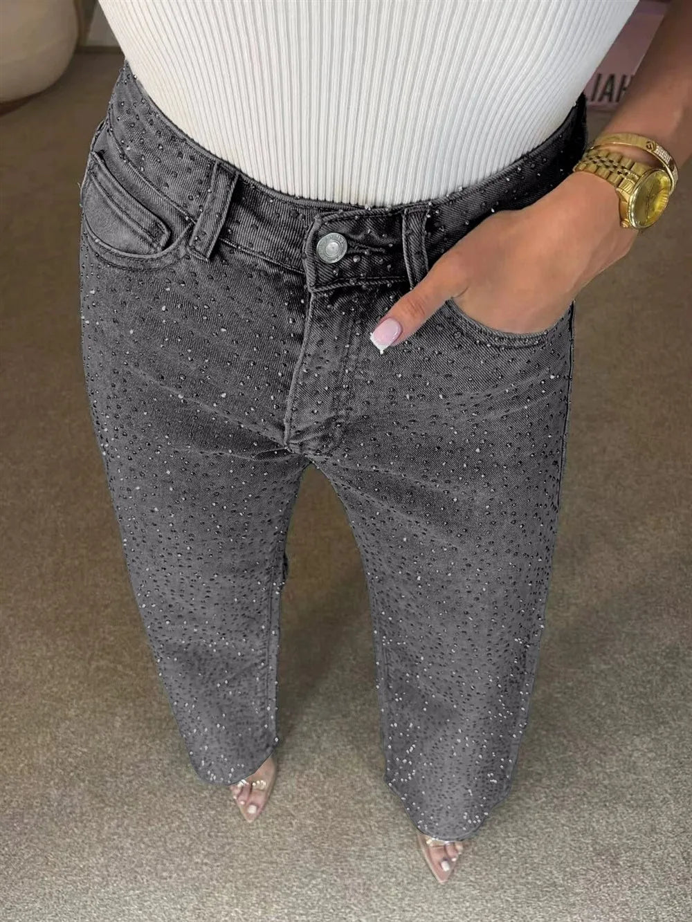 Sexy High Waist Straight Leg Women's Jeans Diamond Washed Cotton Blend Long Pants Trendy Fashionable Ladies Premium Denim