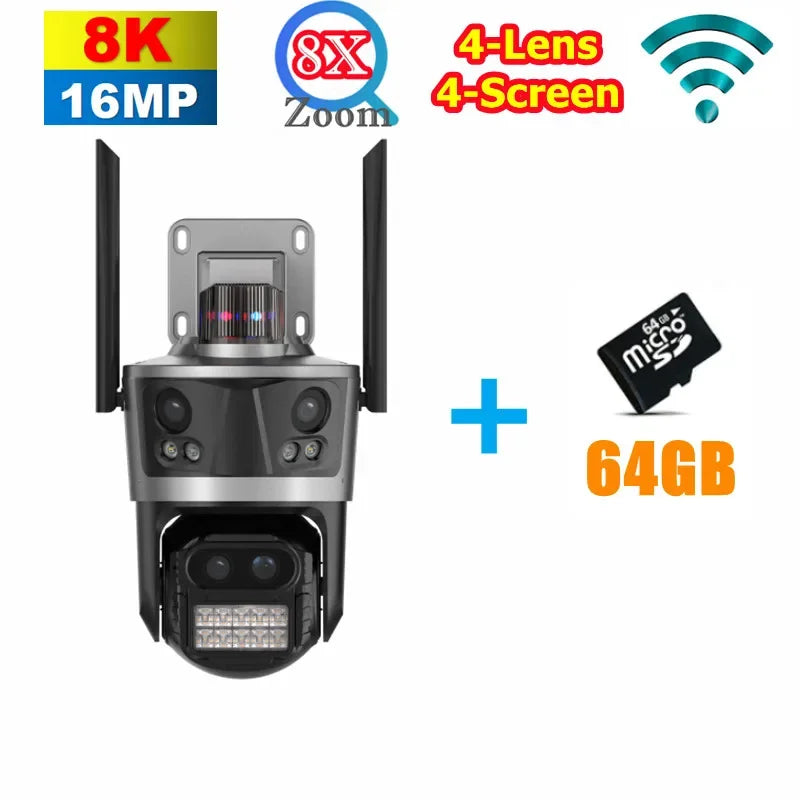 WiFi Surveillance Camera Four Lens Four Screen 8K 16MP IP Camera 8X Optical Zoom Auto Tracking CCTV Alexa ICsee New Security Cam