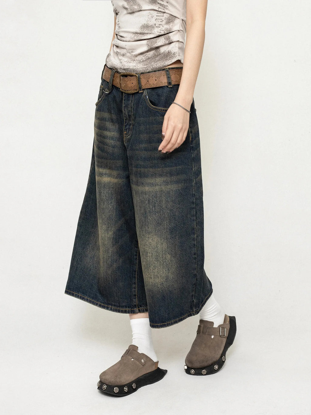 High Waist Black Retro Washed Denim Shorts Women's Harajuku Vintage Fashion Casual Loose Y2K Streetwear Mid Long Wide Leg Pants