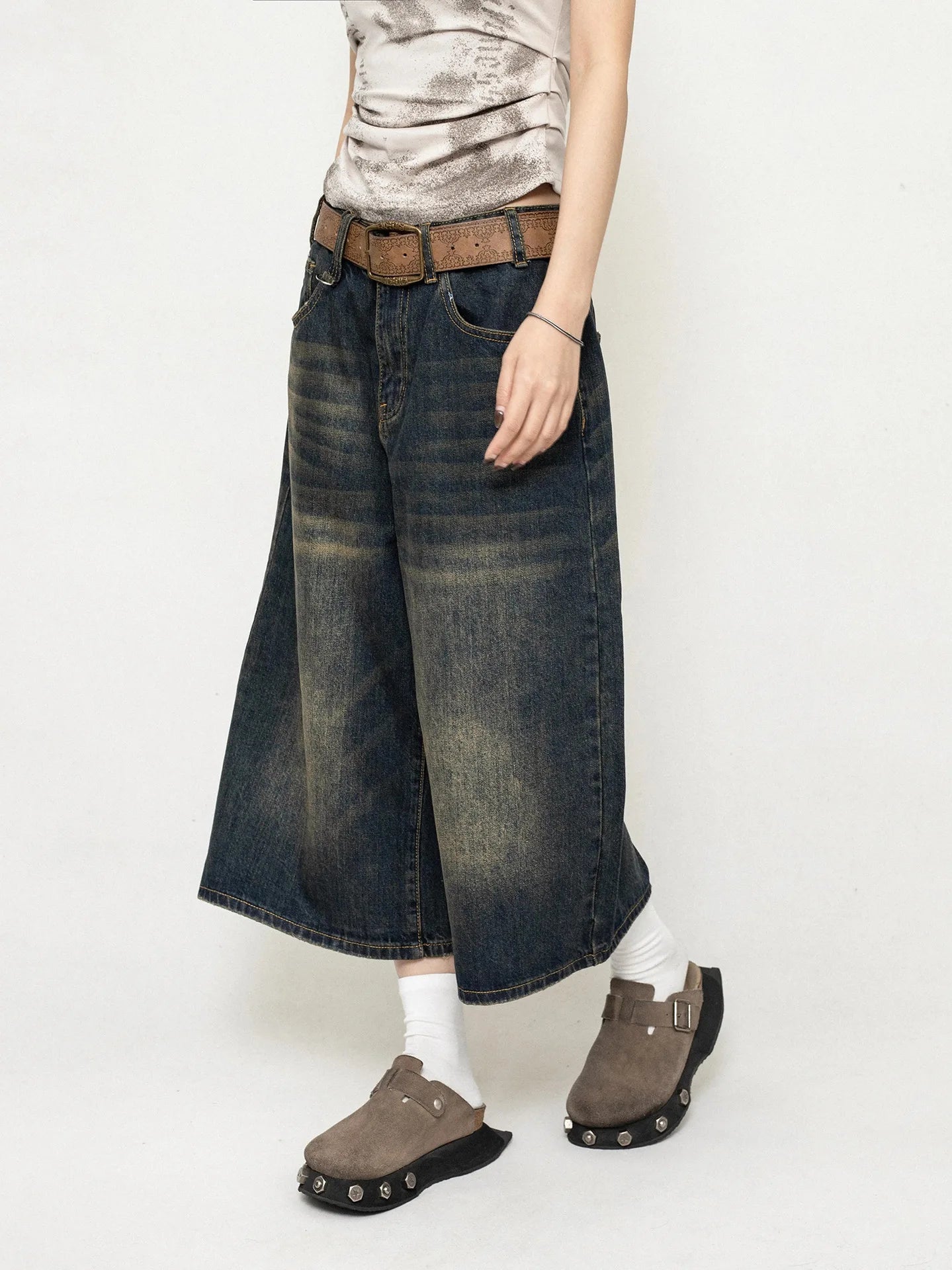 High Waist Black Retro Washed Denim Shorts Women's Harajuku Vintage Fashion Casual Loose Y2K Streetwear Mid Long Wide Leg Pants