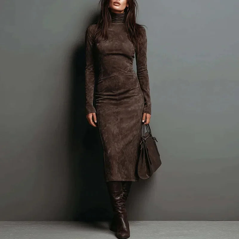 Retro Solid Suede Slim Fit Long Dresses Woman Fall Turtleneck High Waist Party Dress Winter Long Sleeve Pullover Female Clothing