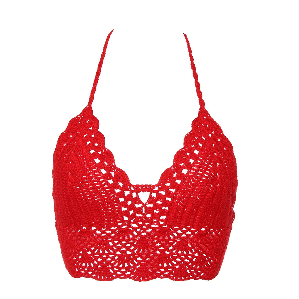 Women Summer Sexy Bikini Crochet Crop Top Boho Beach Camisoles Knit Bralette Bra Halter Neck Vest Holiday Beachwear